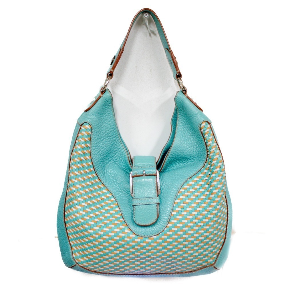 Vintage Michael Kors Hobo Shoulder Bag Woven Turquoise Leather Purse & Dust Bag - Picture 2 of 14